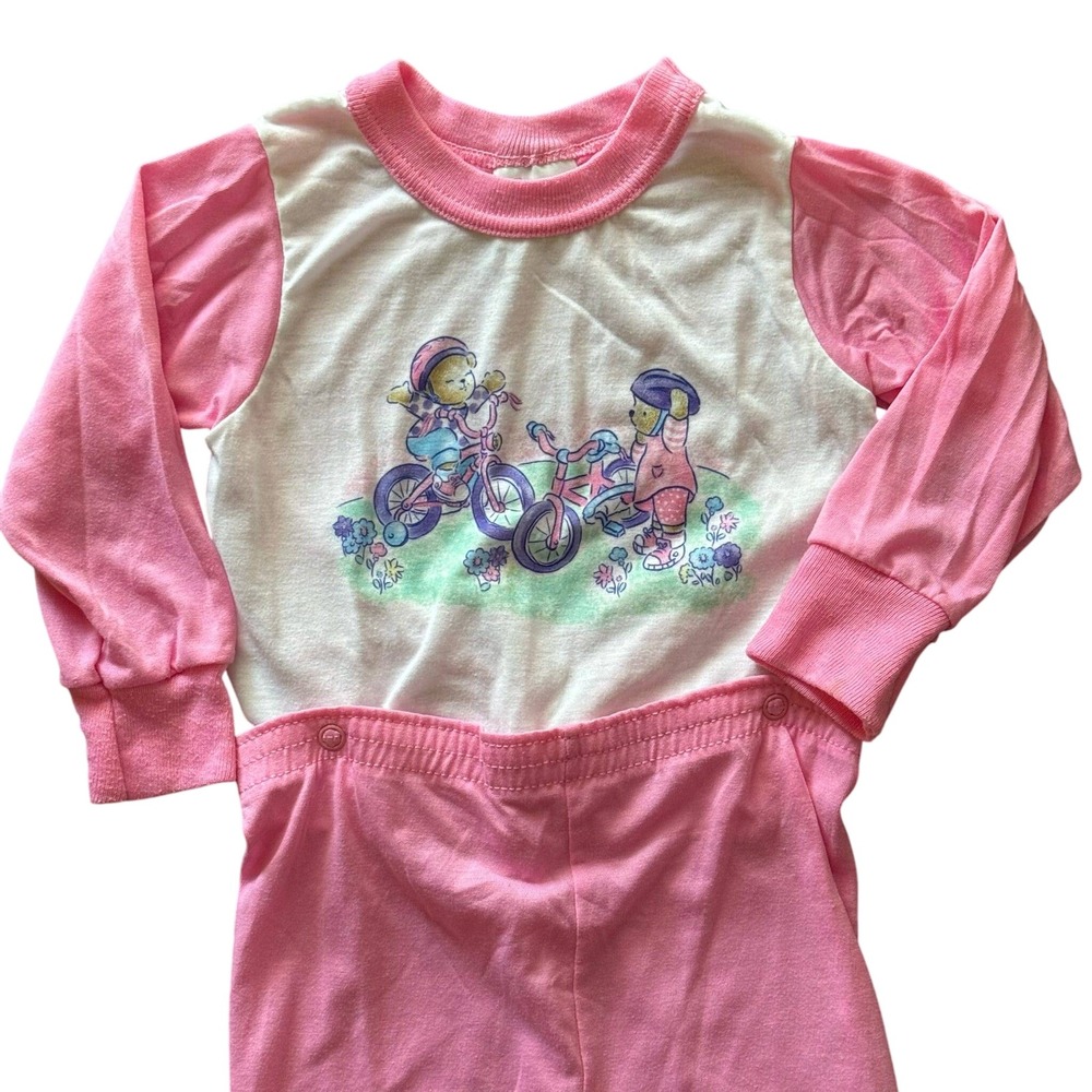 VIntage Carter's Pink Pajamas 2T Bicycle Girls Graphic Long Sleeve Sleep Set - Picture 2 of 4